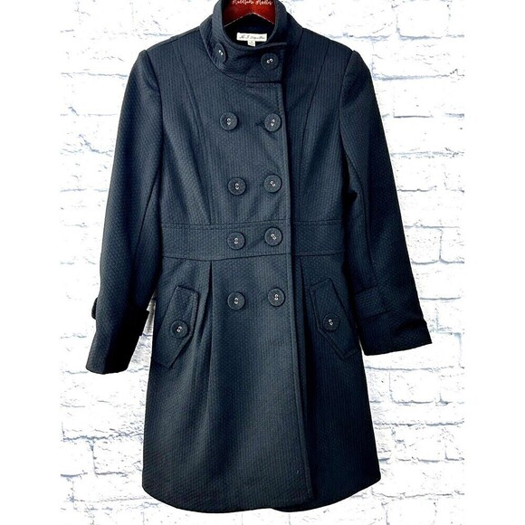 MJ Designer Paris Women Sz M Black Peacoat Lined Button Down Double Breasted U4 - Picture 3 of 12